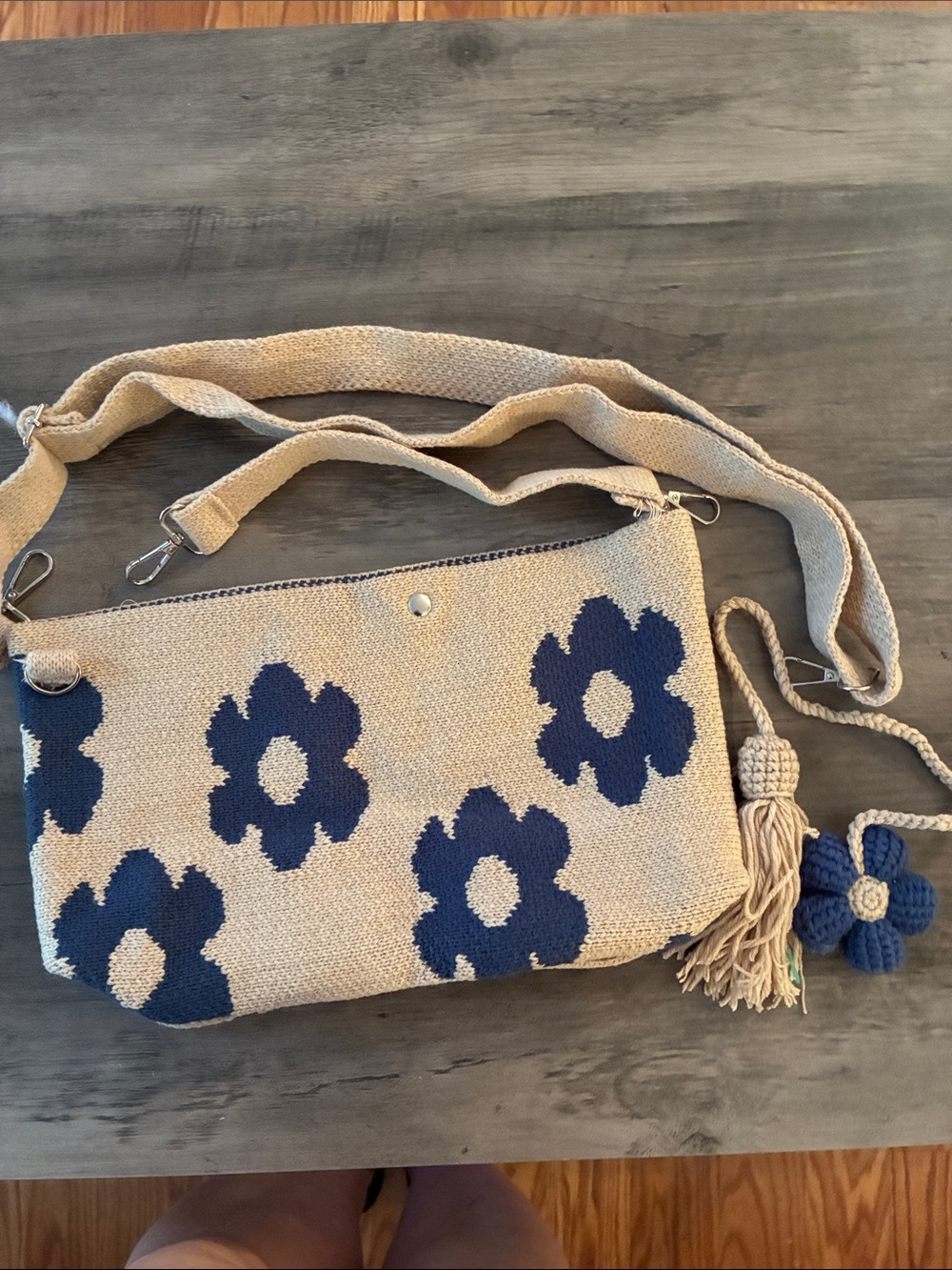 Beige Floral Canvas Bucket Bag with Blue Crochet Charm - Picture 3 of 4